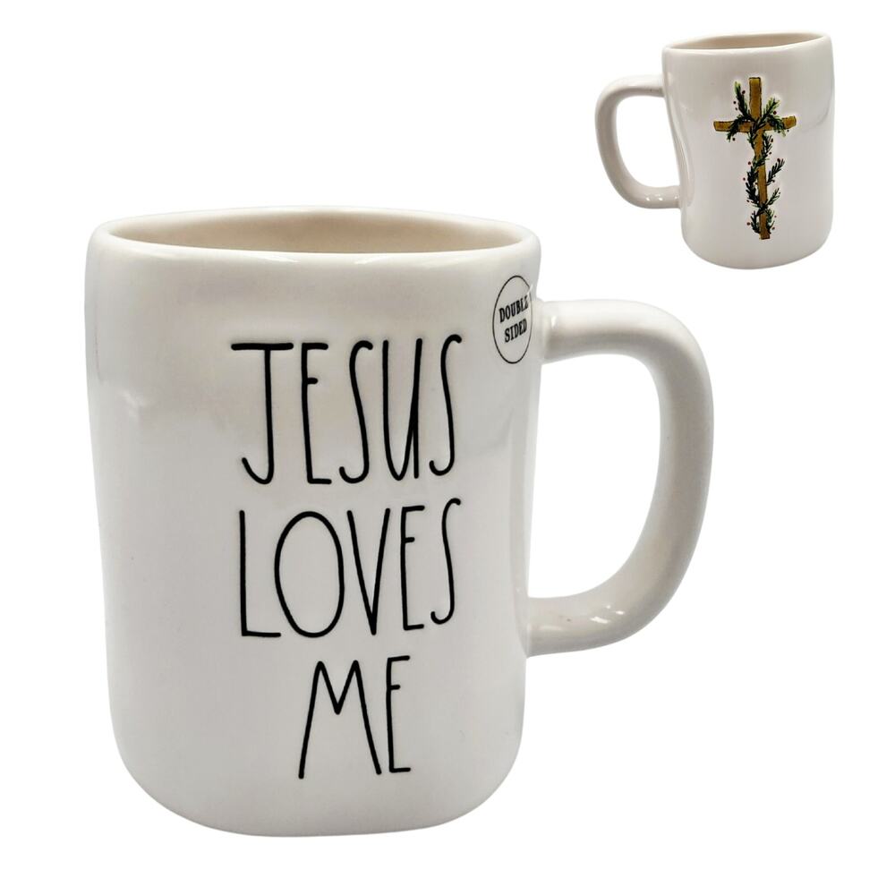 NWOT Rae Dunn Artisan Collection Magenta JESUS LOVES ME Double-Sided Ceramic Mug